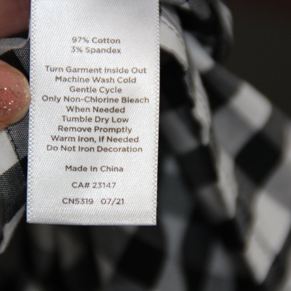 Talbot’s Black White Buffalo Plaid Tunic Rhinestone Buttons Size Med Band Collar - Picture 9 of 9
